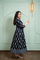 Black Block Print Anarkali Kurti for Women | Long kurti