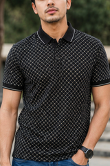 Men Black Geometric Print Polo T-Shirt