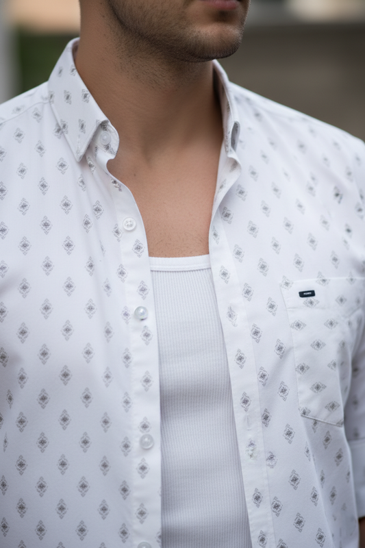 Classic Men White Long Sleeve Striped Shirt - 100% Cotton 251210005