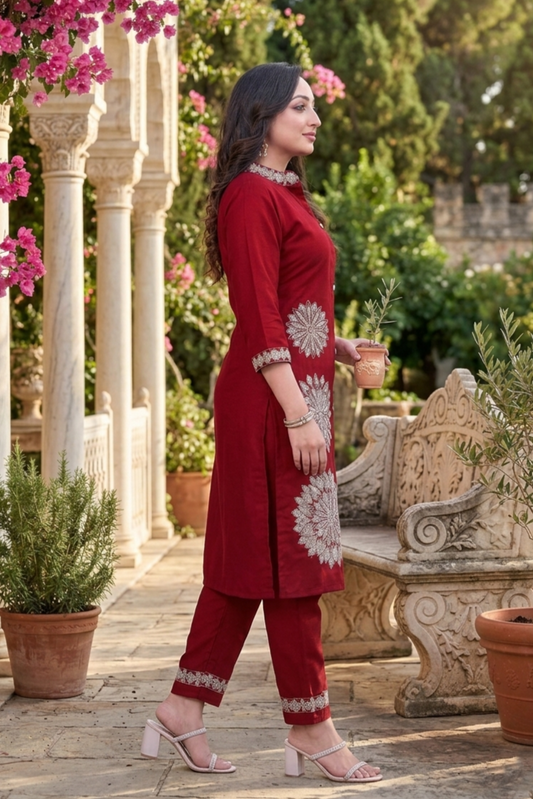 Maroon Floral Embroidery Work Cord Set for Women 1057