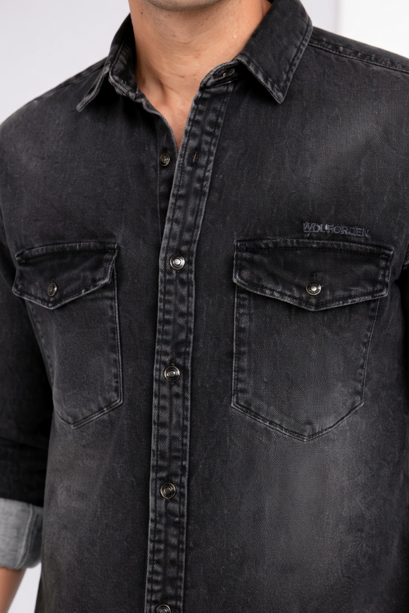 Men Casual Black Denim Shirt – Modern Stylish Fit SC-1942