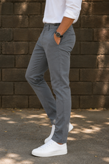 Men Narrow Fit Dark Grey Melange Structure - Textured Cotton Chinos 5128