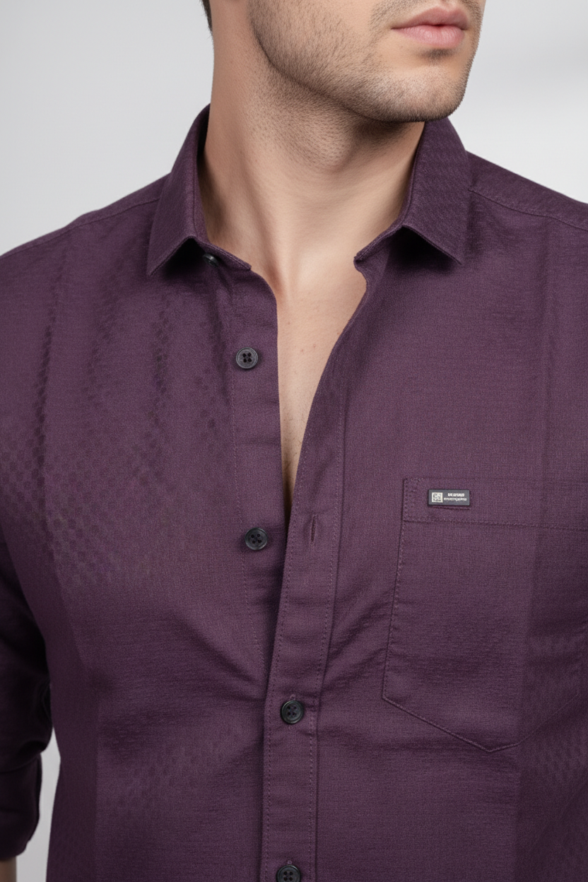 Men Wine Burgundy Textured Casual Shirt | Slim Fit | 251211180