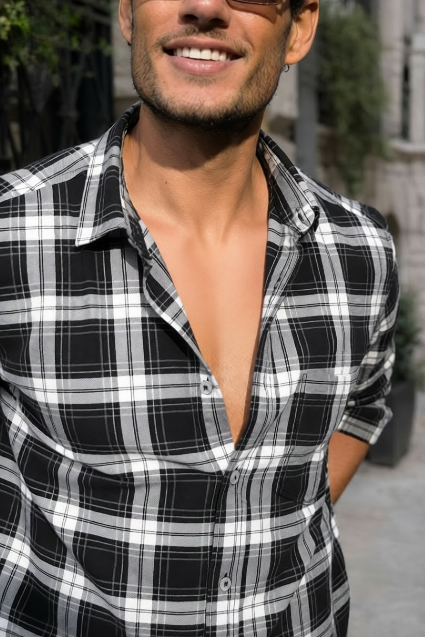 Black Checkered Shirt for Men | Classic Plaid Long Sleeve Casual Shirt OXFCH