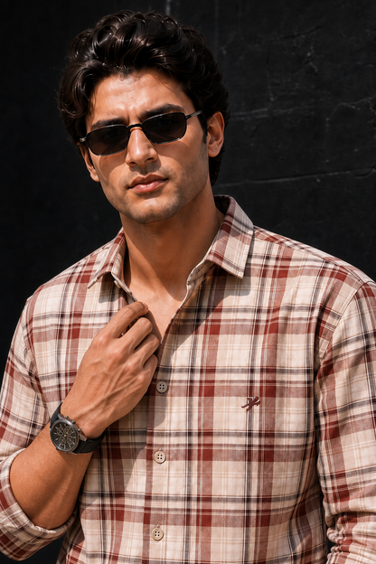 Men Brown and Cream Plaid Shirt – Full Sleeve Casual Check Shirt