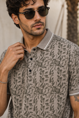 Men Grey Leaf Print Polo T-Shirt