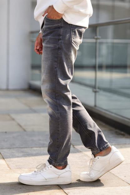 Men Grey Washed Denim Jeans Stretchable Ankle Fit Casual Wear