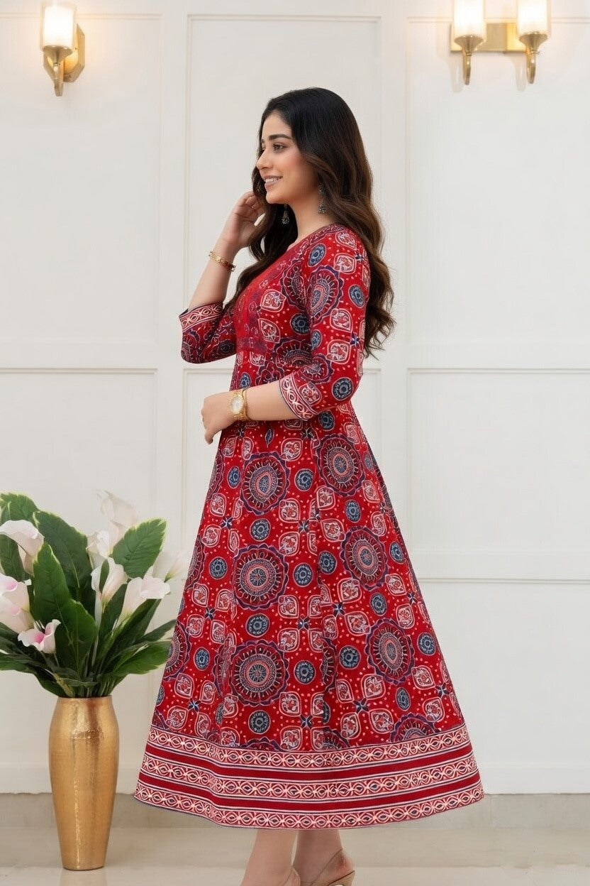 Women Maroon Ajrakh Print Anarkali Kurti
