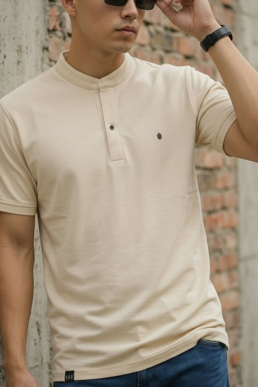 Men Solid Cream Mandarin Collar Polo T-Shirt - Premium Sinker Slim Fit 13058