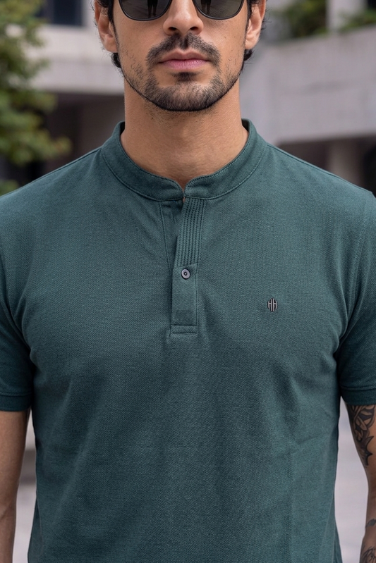 Men Solid Green Mandarin Collar Polo T-Shirt - Premium Sinker Slim Fit 13058