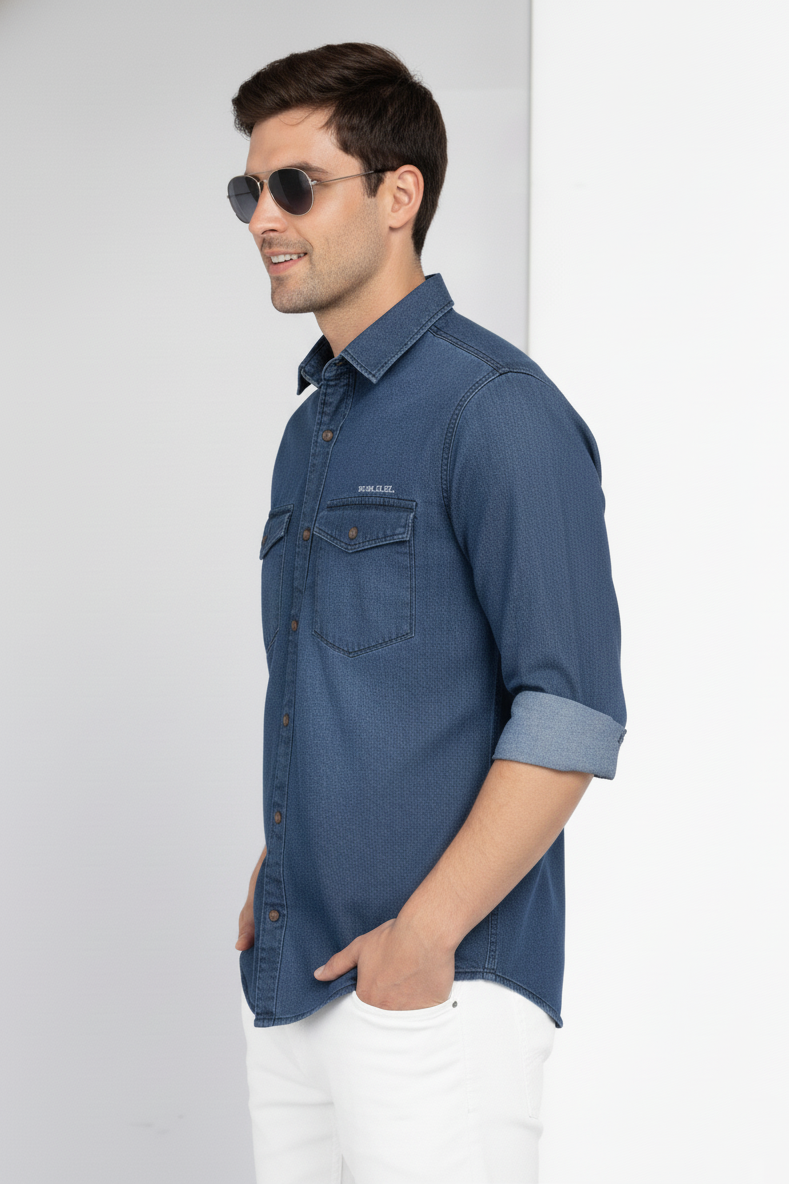 Men Casual Dark Blue Denim Shirt – Modern Stylish Fit SC-1942