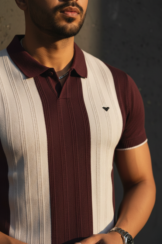 Men Casual Wine Striped Knit Polo T-Shirt- Effortless Everyday Style 261040637