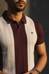Men Casual Wine Striped Knit Polo T-Shirt- Effortless Everyday Style 261040637