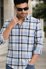 Men Blue Checkered Shirt - Long Sleeve Cotton