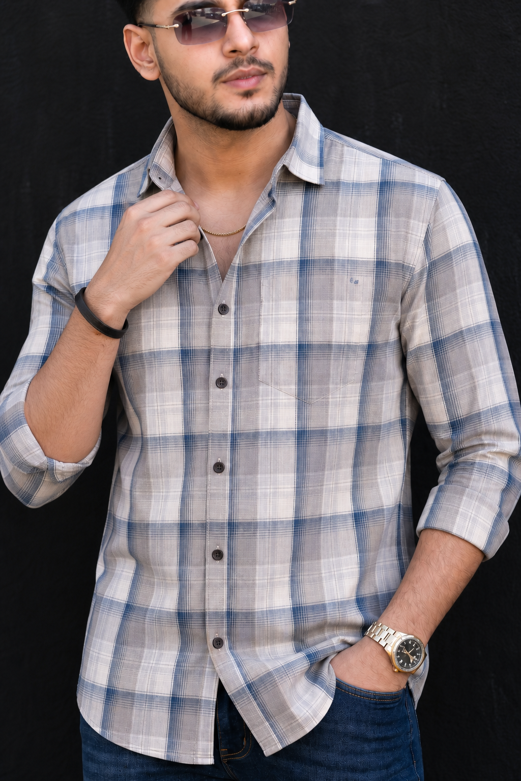 Grey & Blue Plaid Shirt for Men – Casual Long Sleeve Shirt