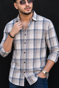 Grey & Blue Plaid Shirt for Men – Casual Long Sleeve Shirt PRA-596