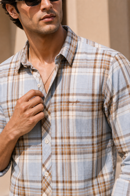 Men Premium Quality Light Blue & White Checked Shirt