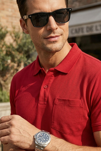 Men Red Cotton Polo T-Shirt with Pocket - Casual Short Sleeve Slim Fit 8622