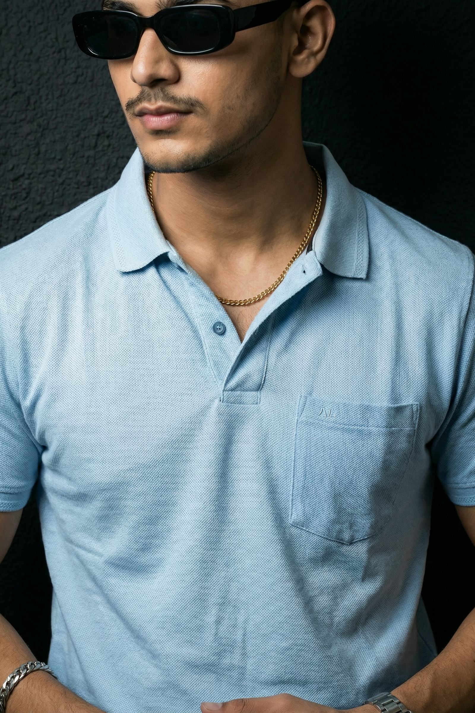 Men Skyblue Cotton Polo T-Shirt with Pocket - Casual Short Sleeve Slim Fit 8622