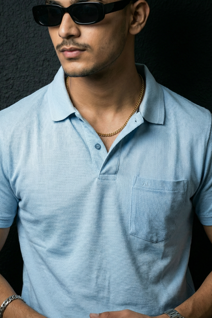 Men Skyblue Cotton Polo T-Shirt with Pocket - Casual Short Sleeve Slim Fit 8622