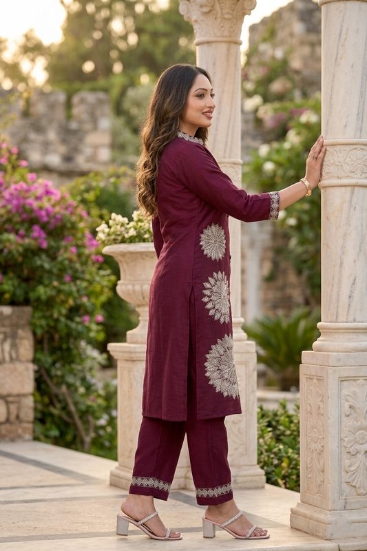 Wine Floral Embroidery Work Cord Set for Women 1057