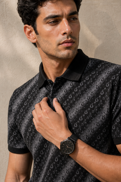 Men Premium Black Printed Polo T-Shirt 3328