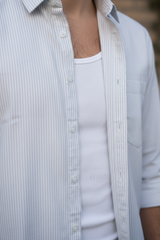 Men Slim Fit Light Grey & White Vertical Striped Long Sleeve Shirt 251167780