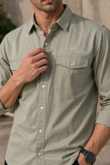 Men Plain Cotton Pista Full Sleeve Shirt | Casual Button Down Shirt with Pockets