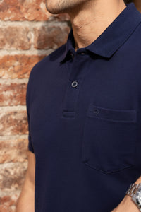 Men Navy Blue Cotton Polo T-Shirt with Pocket - Casual Short Sleeve Slim Fit 8622