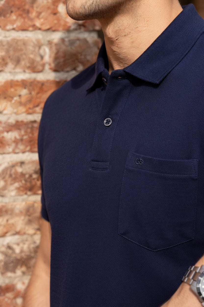 Men Navy Blue Cotton Polo T-Shirt with Pocket - Casual Short Sleeve Slim Fit 8622