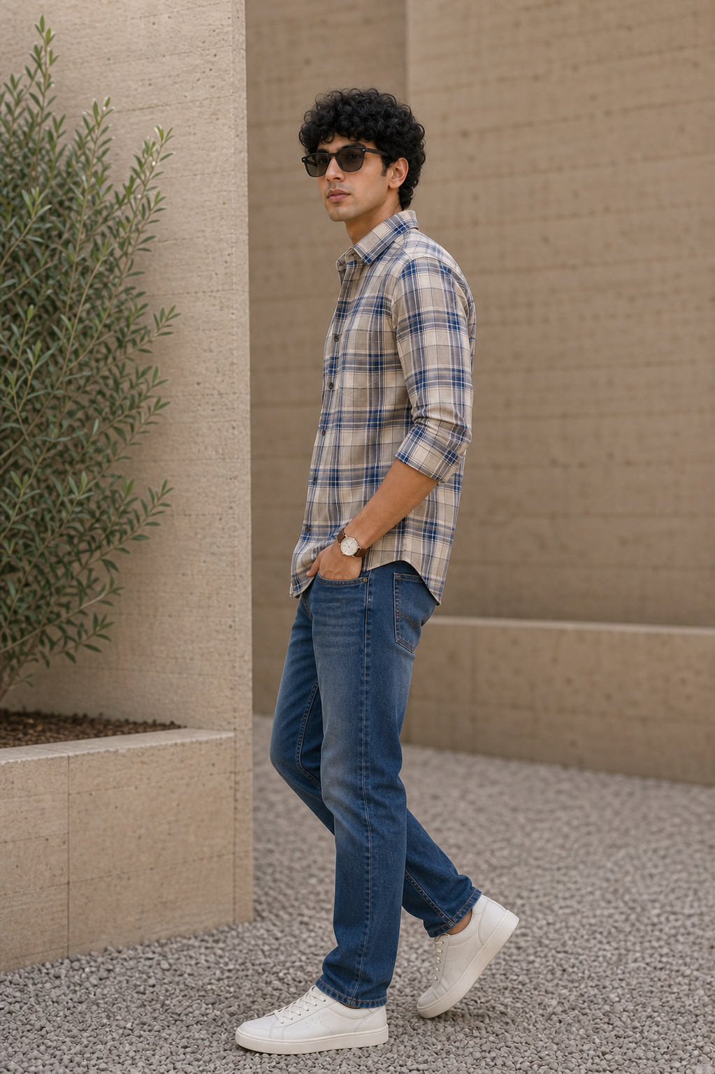 Men Beige and Blue Checkered Shirt Full Sleeve Slim Fit