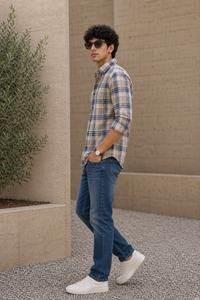 Men Beige and Blue Checkered Shirt Full Sleeve Slim Fit PRA-596