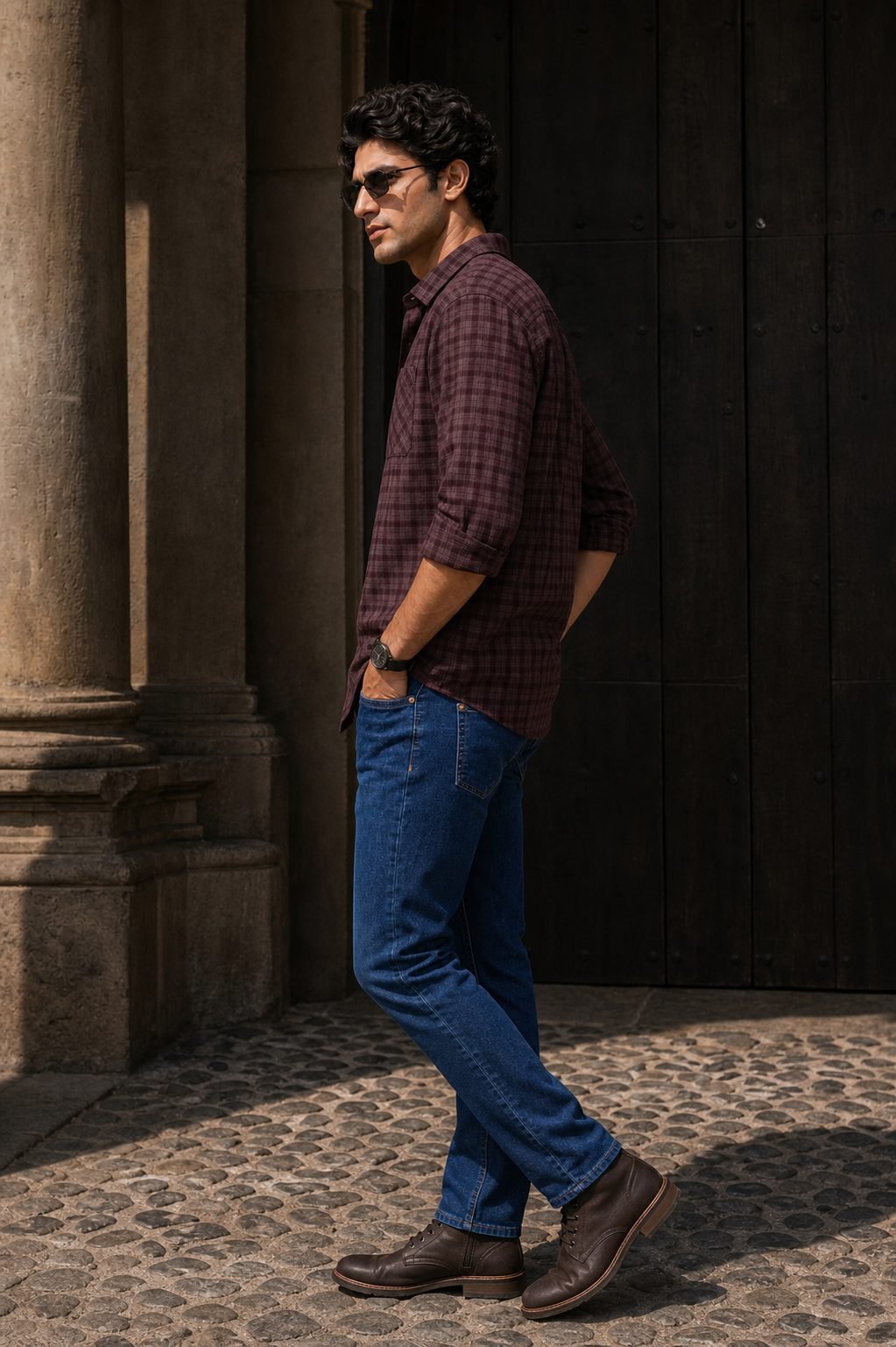 Men Wine Plaid Full Sleeve Shirt – Casual Checkered Shirt