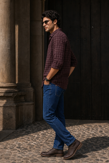 Men Wine Plaid Full Sleeve Shirt – Casual Checkered Shirt