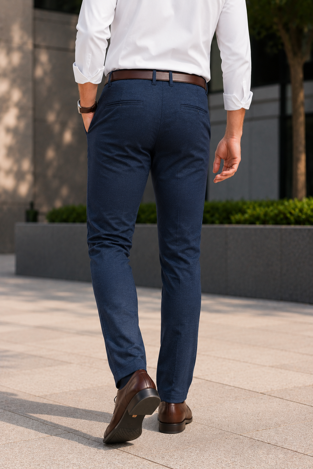 Men Narrow Fit Blue Melange Structure - Textured Cotton Chinos 5128