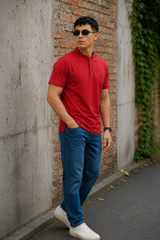 Men Solid Red Mandarin Collar Polo T-Shirt - Premium Sinker Slim Fit 13058