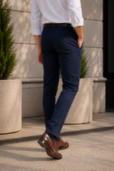Men Navy Blue Satin-Finish Structure - Slim Fit Cotton Trousers 5127
