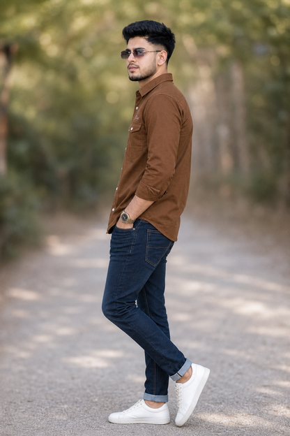 Men Plain Cotton Khakhi Full Sleeve Shirt | Casual Button Down Shirt with Pockets SC-1972