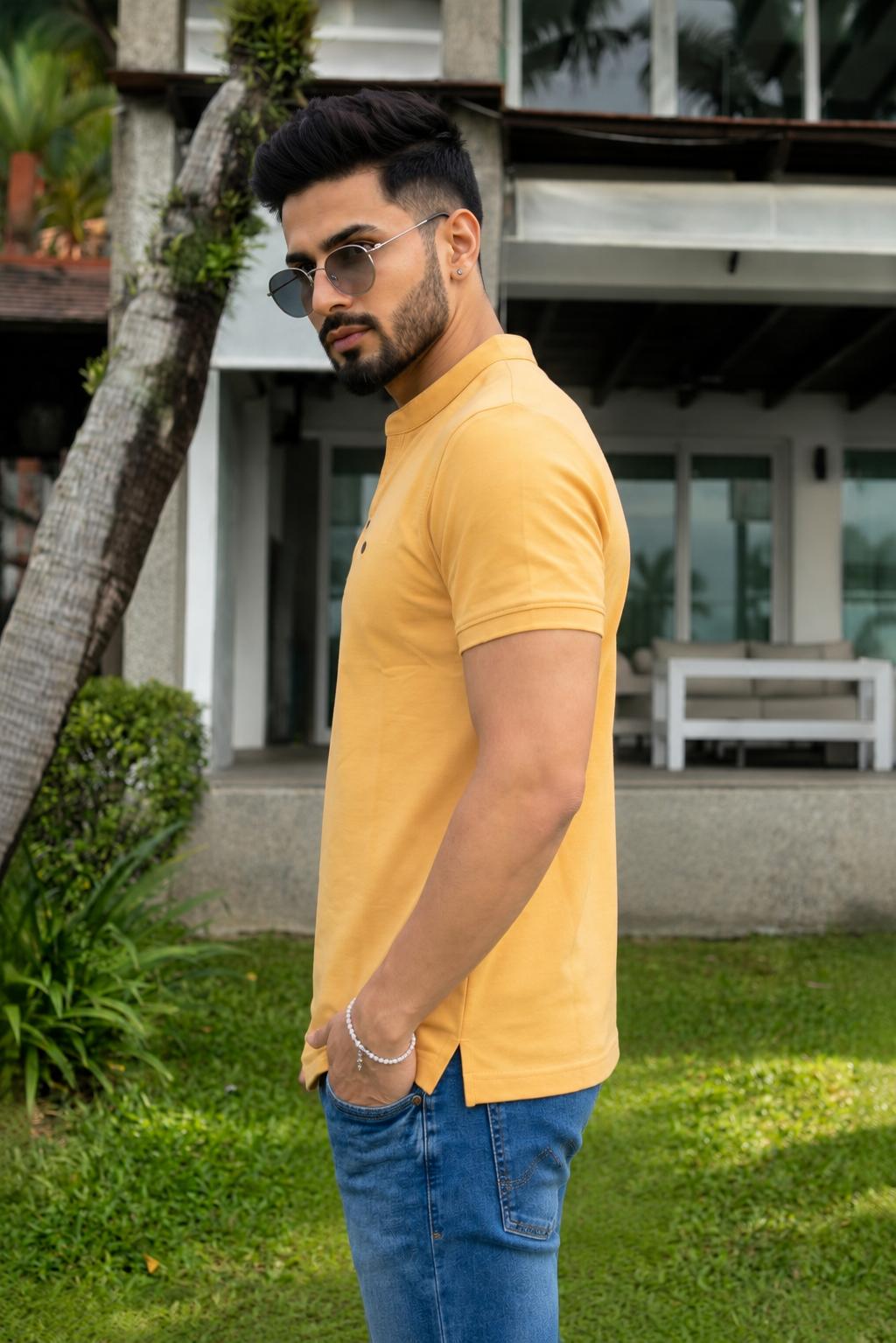 Men Solid Yellow Mandarin Collar Polo T-Shirt - Premium Sinker Slim Fit 13058