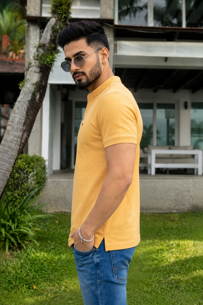 Men Solid Yellow Mandarin Collar Polo T-Shirt - Premium Sinker Slim Fit 13058