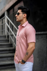 Men Casual Peach Short Sleeve Shirt - Cotton Comfort 261049774