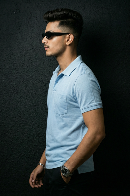 Men Skyblue Cotton Polo T-Shirt with Pocket - Casual Short Sleeve Slim Fit 8622
