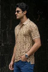 Men Cream Leaf Print Polo T-Shirt