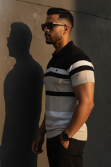 Men’s Slim-Fit Knitted Polo T-Shirt - Black & Beige Striped 261040689