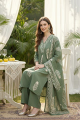 Women Floral Pure Cotton Kurta, Churidar & Dupatta Set-Pista-261014108