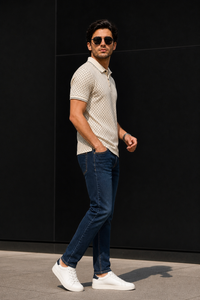 Men Cream Geometric Print Polo T-Shirt | ATL6140