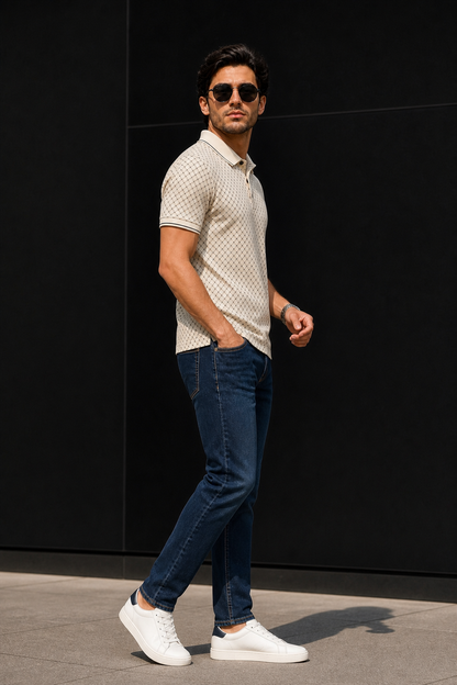 Men Cream Geometric Print Polo T-Shirt | ATL6140