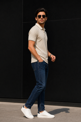Men Cream Geometric Print Polo T-Shirt