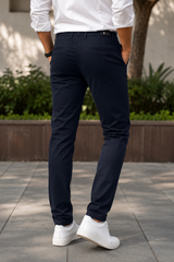 Men Navy Blue Micro-Textured Cotton Chinos | Stylish Narrow Fit Pants 5130