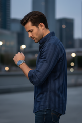 Premium Navy Blue Tonal-Striped Shirt for Men 251169354